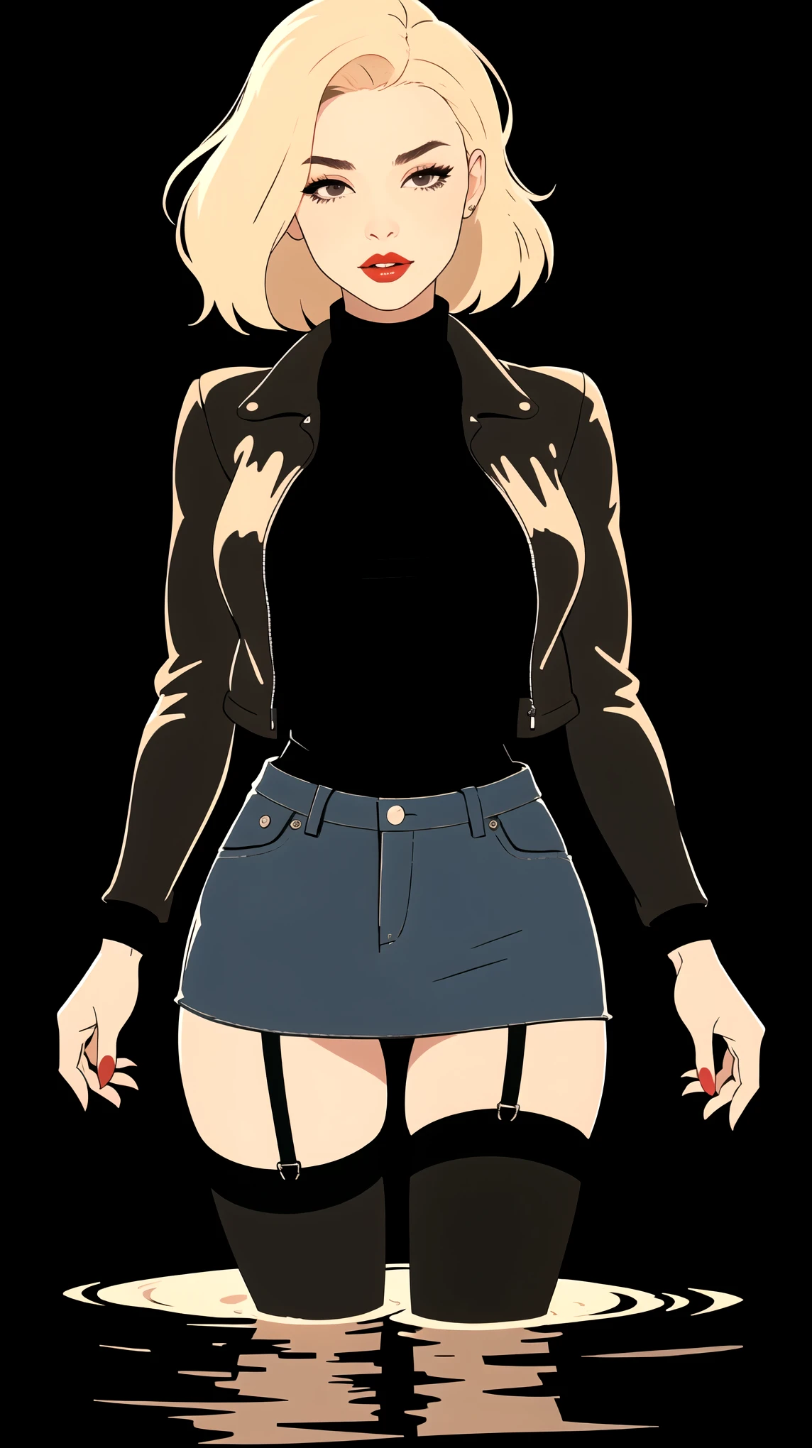 mature blond diva , black leather jacket, turtleneck, denim skirt, nylon stockings with garters, drowning in bog, red lips, simple vector image, black background