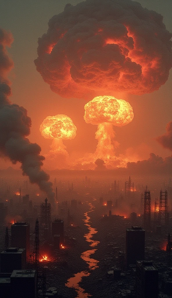 a huge nuclear explosion, manhattan, chaos, panic, epic realistic, faded, neutral colors, (hdr), ((((muted colors)))), (intricate), artstation, hyperdetailed, cinematic, warm lights, dramatic light, intricate details, complex background, dark