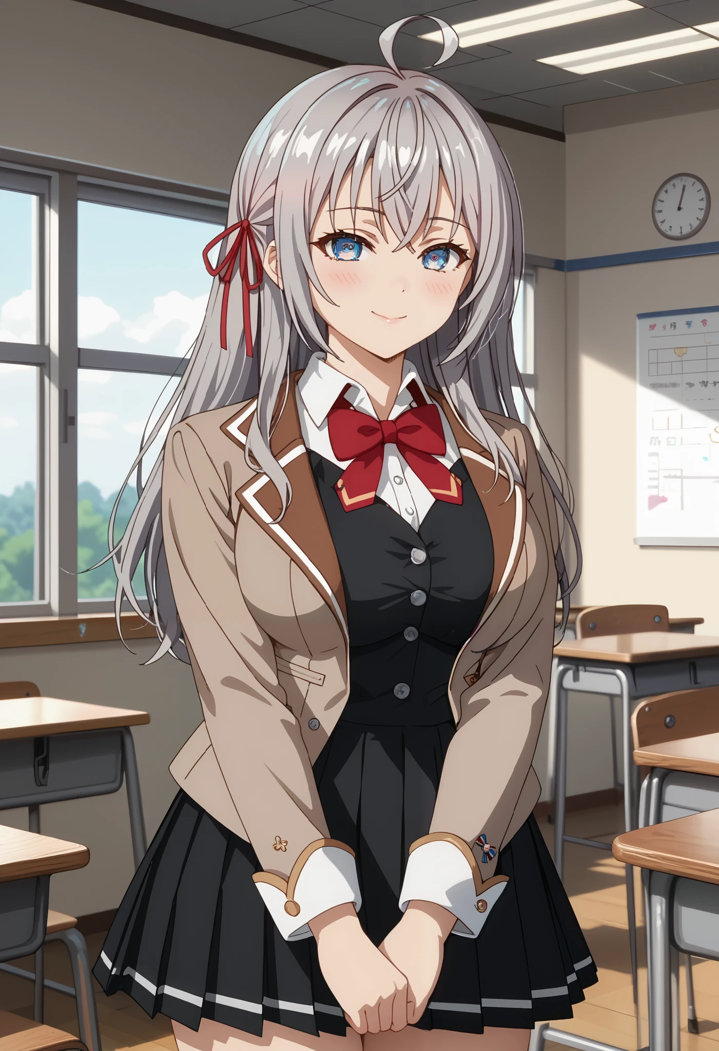 score_9, score_8_up, score_7_up, anime screencap, source_anime, 1girl, BREAK, 1girl, mouth closed, slight smile, slight blush,
long hair, gray hair, ahoge, crossed bangs, blue eyes, hair ribbon, red ribbon, light skin, AlyaSchool, short jacket, open jacket, brown jacket, red bow tie, white shirt, black vest, buttons, long sleeves, pleated skirt, black skirt, white thighs,
thigh gap, v arms, cowboy shot, looking at viewer, standing,
classroom, interior, detailed background, detailed foreground, extremely detailed eyes, (black thighs: 1.2), (Beautiful and big breasts: 1.2), natural breasts,