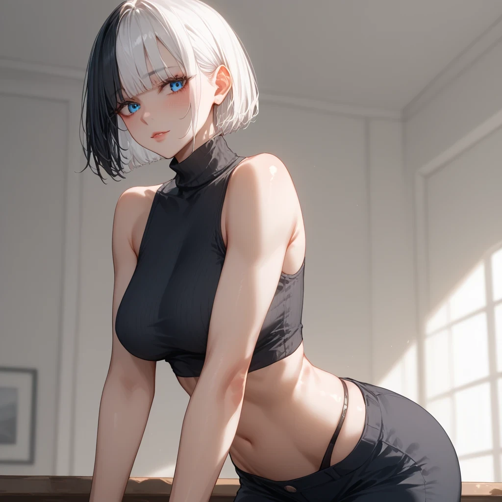 highest quality、complete limbs、full finger、one beautiful woman、((Woman with silver hair:1.4))、very short hair、big breasted woman:1.6、((Woman wearing dark gray high neck sleeveless leotard with zipper:1.3))、woman wearing brown pantyhose、crawl on all fours