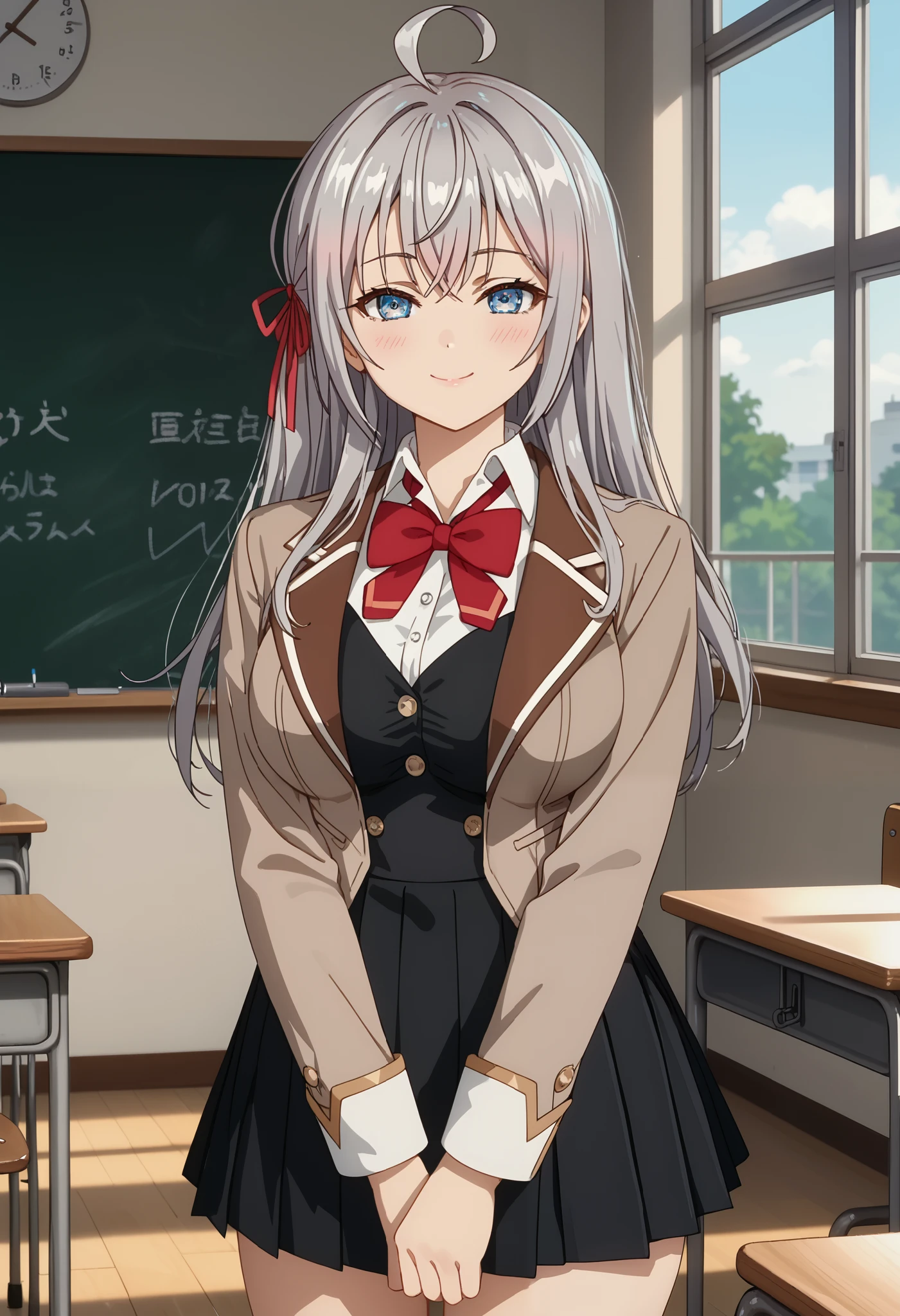 score_9, score_8_up, score_7_up, anime screencap, source_anime, 1girl, BREAK, 1girl, mouth closed, slight smile, slight blush,
long hair, gray hair, ahoge, crossed bangs, blue eyes, hair ribbon, red ribbon, light skin, AlyaSchool, short jacket, open jacket, brown jacket, red bow tie, white shirt, black vest, buttons, long sleeves, pleated skirt, black skirt, white thighs,
thigh gap, v arms, cowboy shot, looking at viewer, standing,
classroom, interior, detailed background, detailed foreground, extremely detailed eyes, (black thighs: 1.2), (Beautiful and big breasts: 1.2), natural breasts,