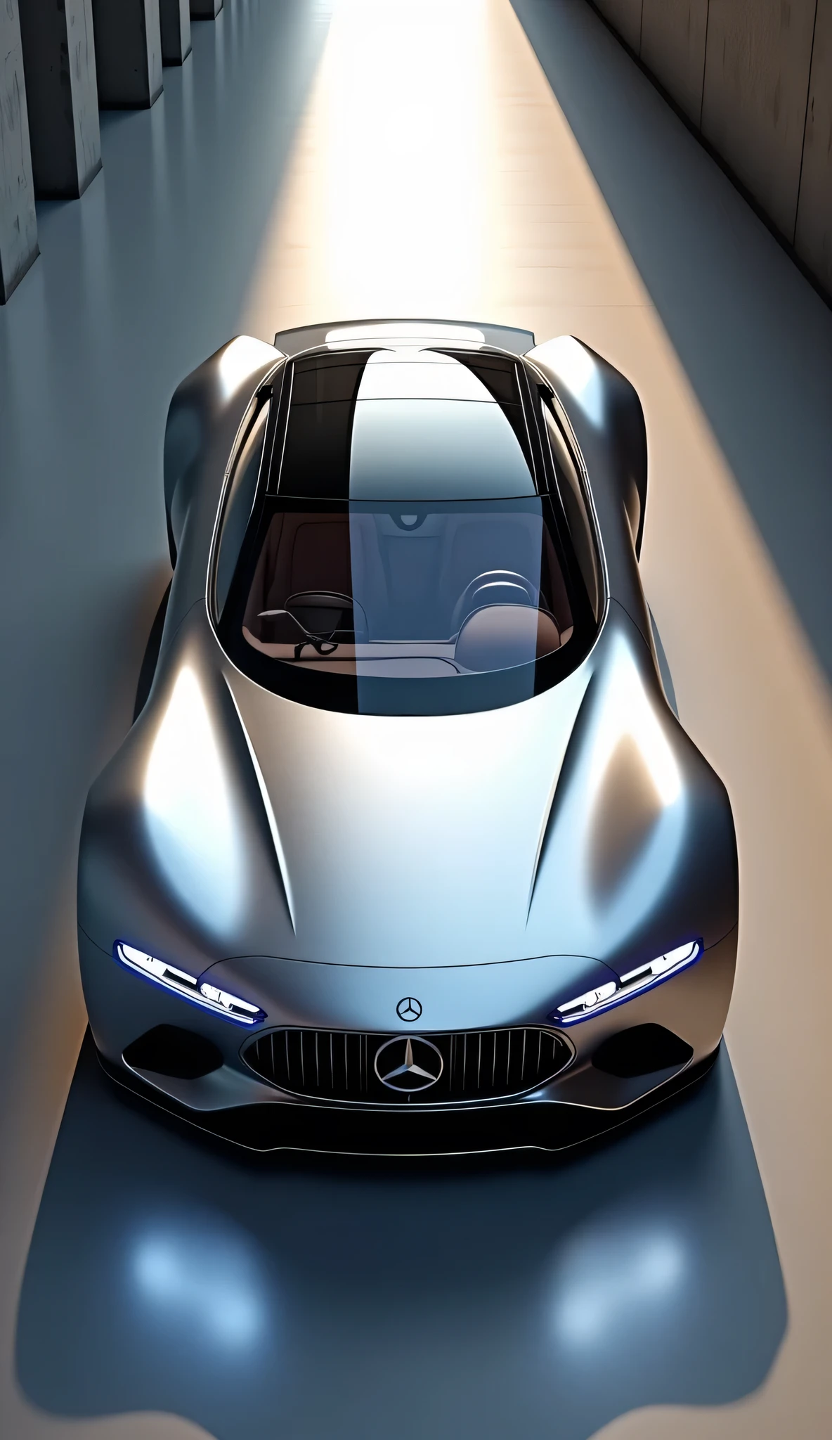 Top view a futuristic silver futuristic car Mercedes AVTR, displayed a concrete sunny room, featuring dramatic lighting, high detail, and a glossy finish, in 4K resolution. wearing clear-framed glasses, a beige trench coat, and a white t-shirt