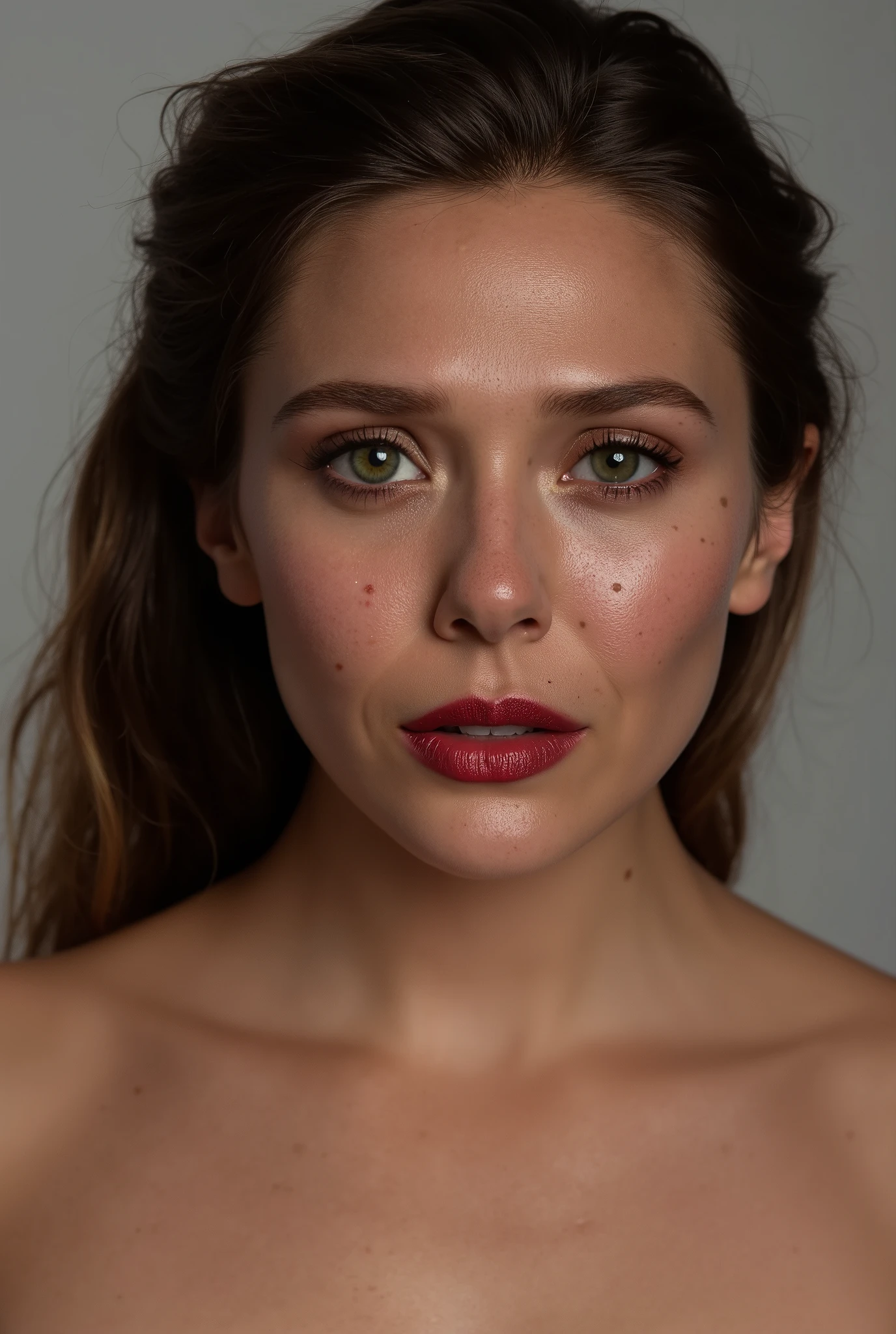 Topless, red lips, cat eyes makeup