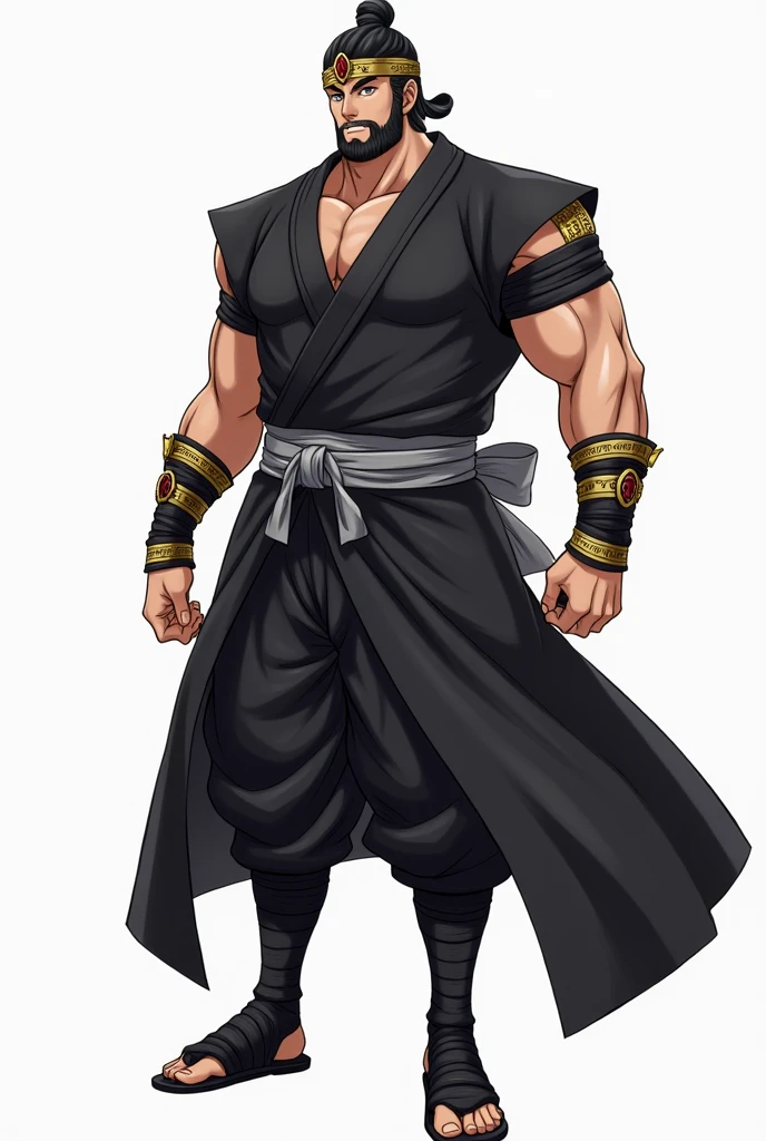 Generate the design of a strong anime character man with wavy black hair and beaten ager full body barefoot serious imposing in different poses