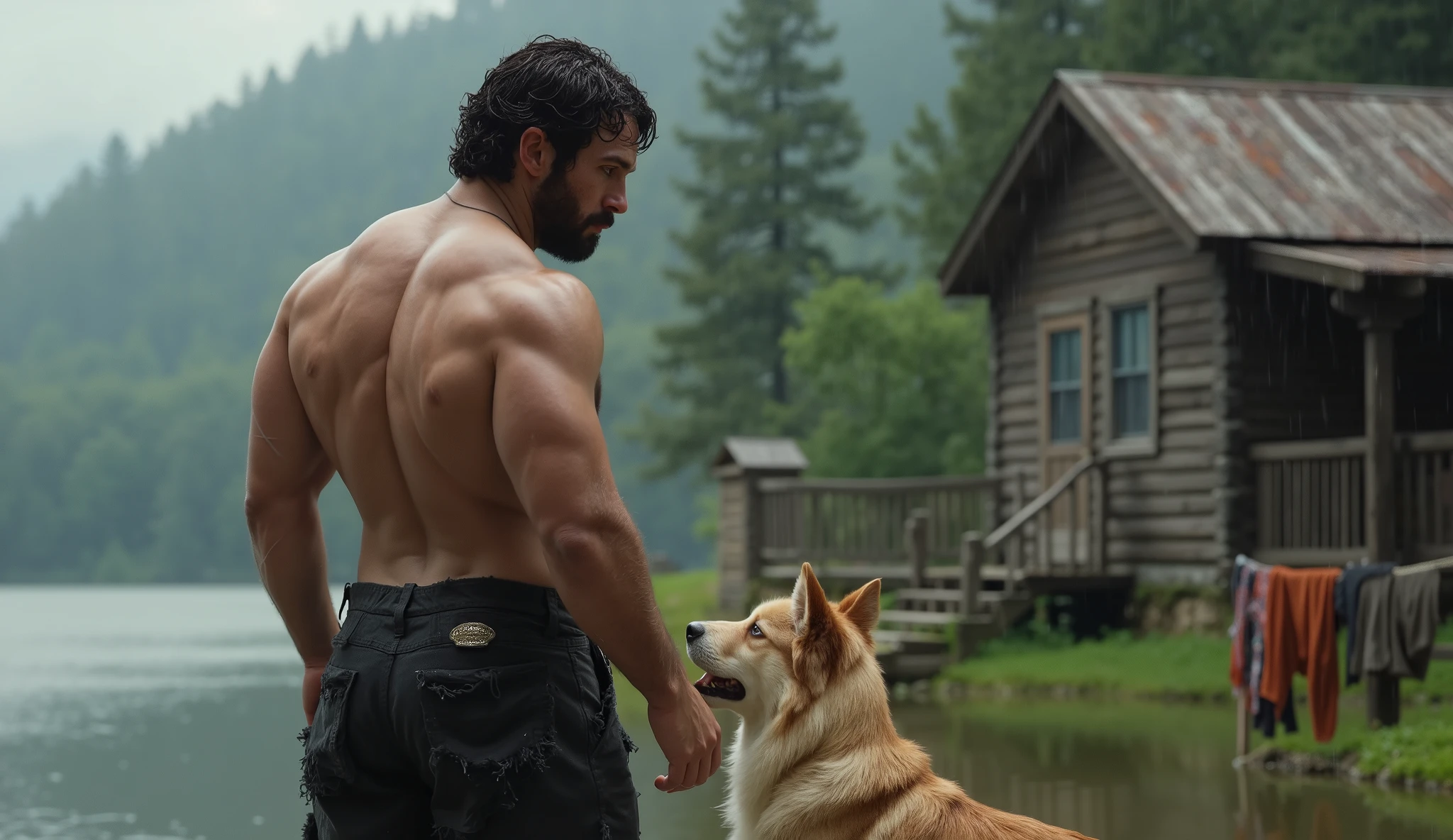 A muscular Americans man, hairy chest, square face, skin color white , on beautiful face, curly hair,wears a black ripped pant, Petting his dog, the dog wags its tail,background a, lake area,Next to it is a wooden house, clothes hanging on a rope, raining, dc super man movie scene,