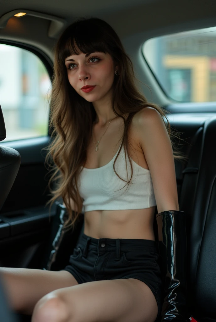 (realistic), (hyperrealism), (photorealistic:1.4), best quality, masterpiece, xtaylor, 1girl, looking at the viewer, makeup, detailed eyes, detailed face, large breasts, sexy bikini and jeans, inside the car, car indoor, on a passenger seat