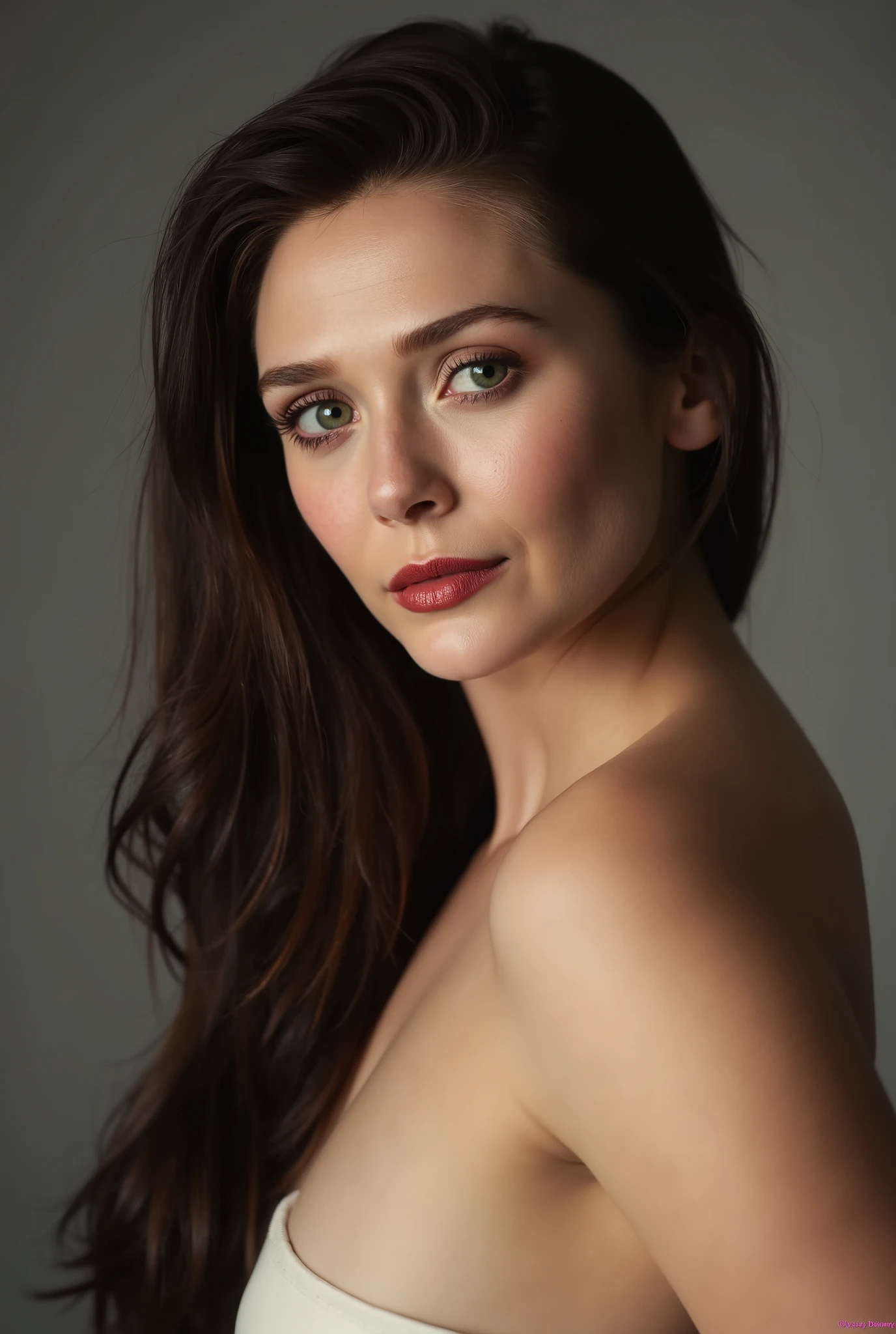 Topless, red lips, cat eyes makeup