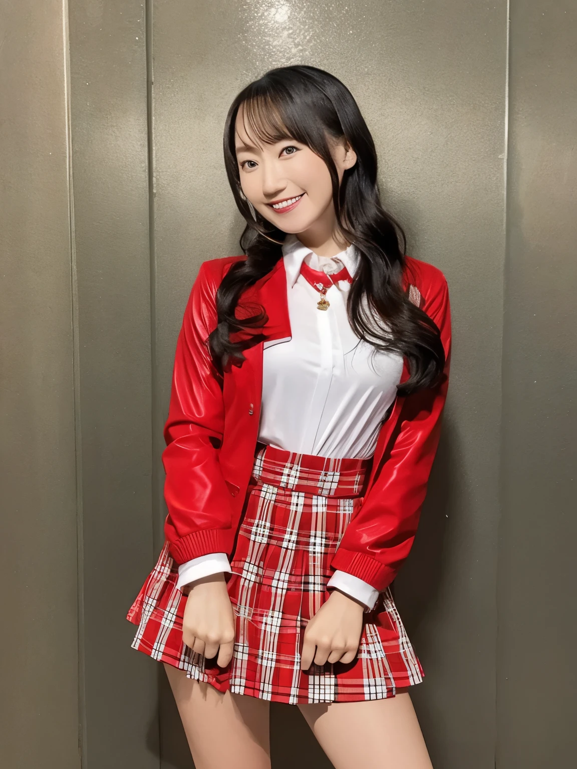 ((masterpiece, best quality)) (mizuki nana) stewardess, mini skirt, wavy hair, cute, sweet, smiling at the camera, (seductive expression:1.2), (Stewardess uniform:1), red jacket, white shirt, red necktie, red skirt, short skirt, (Glamorous body), jewelry, perfect hand, perfect fingers, thighs thighs thighs thighs, slender legs, professional, full body, high heels, hottify, prettify, perfect face, mizuki nana