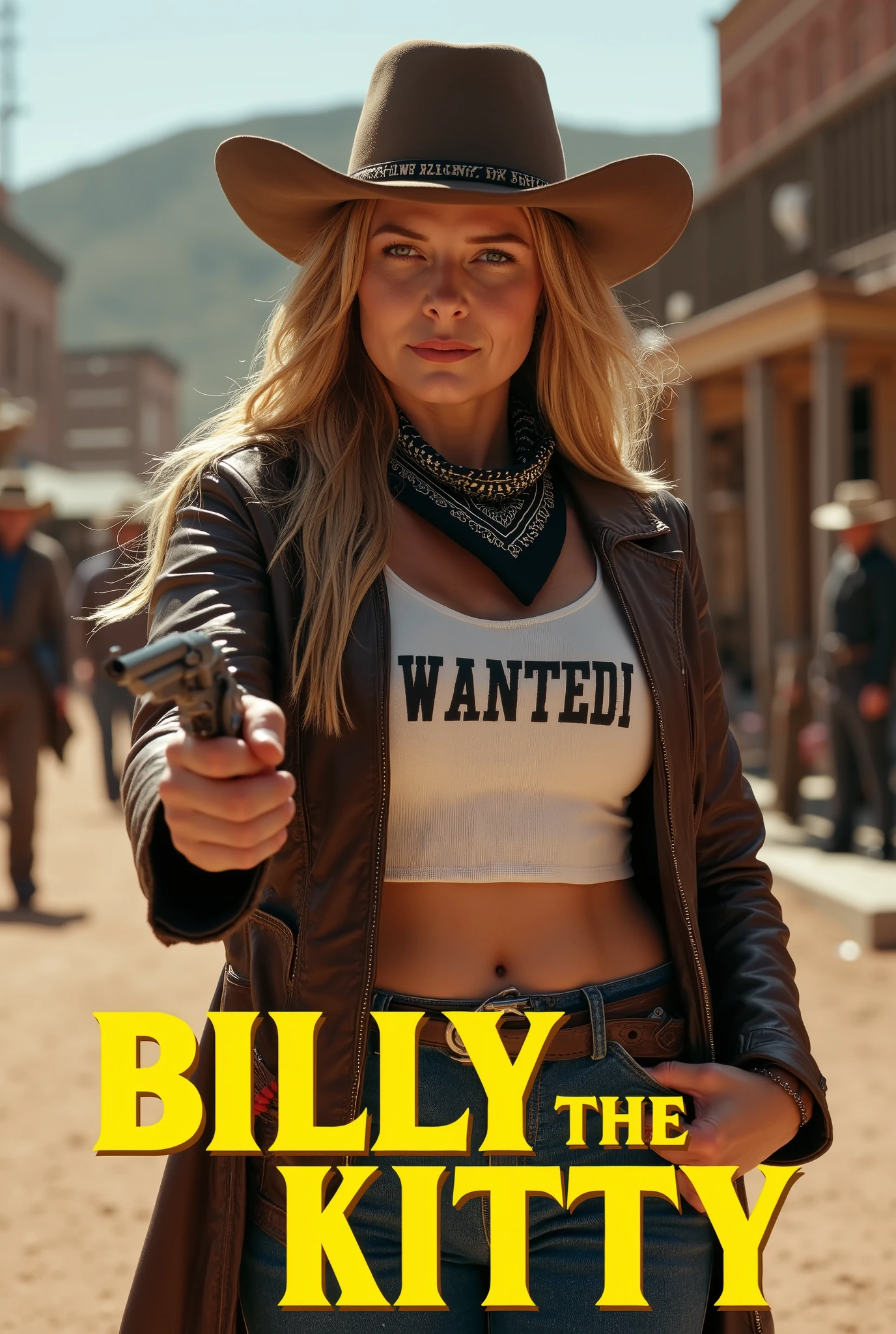 Cinema title, writing "Billy The Kitty" yellow Gothic letter at the bottom ,Side view, Full body ,  Shooting a pistol with one foot on the ground , right hand holding a Colt Single Action Army Revolver,   revolver hand gun,  1 White American woman, 30-age, (long golden hair, smile, wide-brimmed hats cowboy hat) ,(big breasts, slender whist, wide hip), (Cowboy costume leather jacket , bandanas, and  White Tank top shirt writing "Wanted", leather gun belt , blue denim, gorgeous cowboy boots ) ,Colorado in the United State ,18 century Western city, noon, (photographic, super high definition , retina, masterpiece, anatomically correct, Accurate, textured skin, super detailed, High Details , High Quality , High Quality , high definition , 8k)