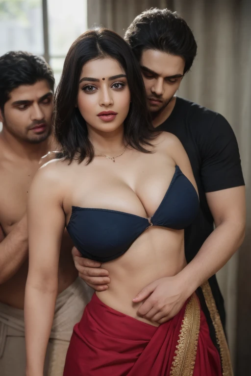 day scene, close up photo of vedhika from top view,in a five star hotel, wearing blue saree, (surrounded by muscular black man), big cheeks, curvy, hourglass figure, (((men grabbing her breasts and waist))), sexy navel, swooping breasts, ponytail hair, necklace, look at viewer and smile, (cinematic:1.3), intricate details, (ArtStation:1.2)