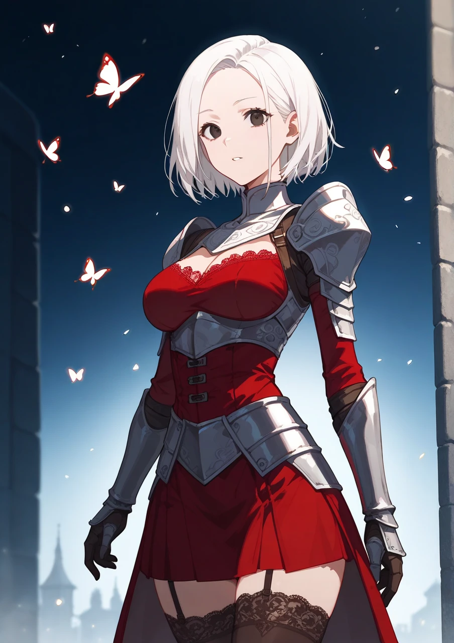 , score_9_up,score_8_up, adult woman, solo , from below, ((sweaty)), white hair , ((pixie haircut)), black eyes, (blush:1.1), choker, big breast, ((black armor)), stockings,(lace:1.2), hair band, middle Ages, black butterflies, outdoors, ((red clothes)), red dress, castle , sitting