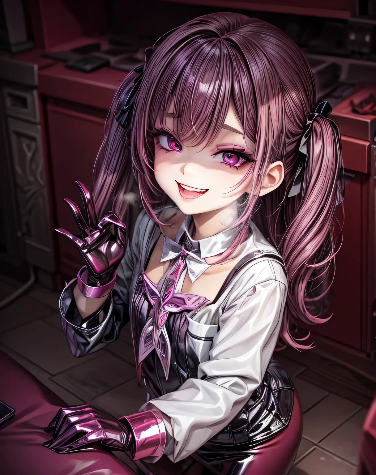 (highly detailed),(ultra-detailed),(best quality),(masterpiece),(fantasy style),twintails,gothic_lolita,thighhighs,black ribbon,((((mesugaki)))),ojousama,seductive smile,smug,tongue out,(middle_finger),tongue,(crossed_legs),(small breasts),leg_garter,(from below)