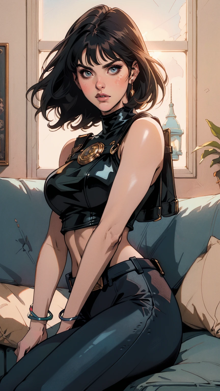 A beautiful woman with long shiny black hair, choppy bangs, a delicate face, a cold proud gaze, a fit figure, a fantasy-style high-necked leather breastplate top, sleeveless, exposes her waist, a bracelet adorns her wrist, tight-fitting leather pants, her right hand holds a Katana with a blue scabbard, she lounges casually sitting on a sofa, this character embodies a finely crafted fantasy-style bounty hunter in anime style, exquisite and mature manga art style, (Alexandra Daddario:1.2), high definition, best quality, highres, ultra-detailed, ultra-fine painting, extremely delicate, professional, anatomically correct, symmetrical face, extremely detailed eyes and face, high quality eyes, creativity, RAW photo, UHD, 32k, Natural light, cinematic lighting, masterpiece-anatomy-perfect, masterpiece:1.5