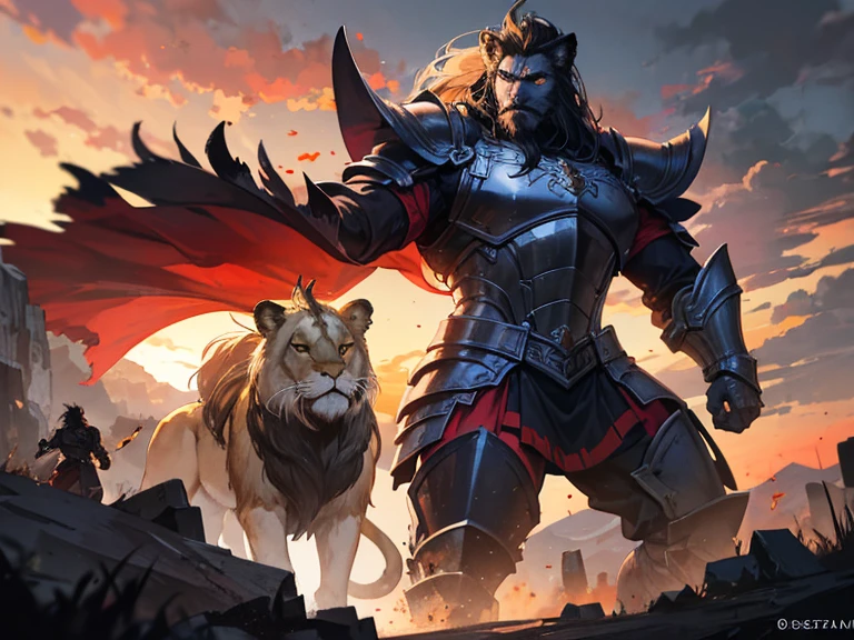 Castlevania Lord of the shadows bald beard handsome muscular full moroccan Armor riding great Legendary roaring lion