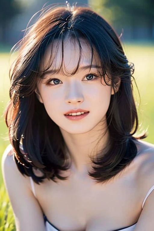 Tabletop, Highest quality, 8k, 16, Large Breasts, RAW Photos, Professional photography, Portraiture, Background gray, Soft Light, Professional Lighting, alone, 素敵な笑face, Shyness、close, face, Bust Shot, cute, Girlish, goddess, Delicate girl, Pure beauty, Upper Body, Digital SLR, avert your eyes, Frank, Sophisticated, Film Grain, (目とfaceのディテールが:1.0), Medium length hair swaying in the wind, bangs