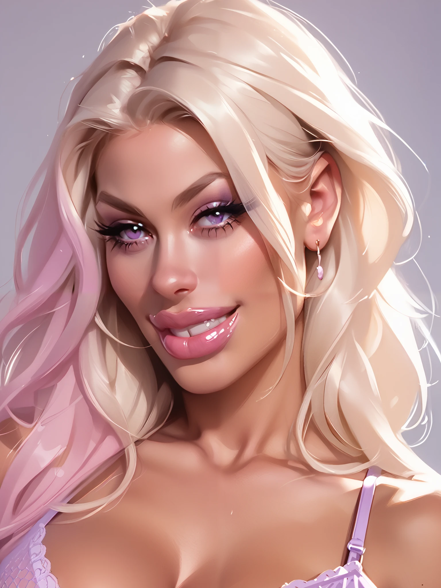 chr1stym5ck , Close up portrait, looking seductive, pastel violet lingerie, detailed face, closed mouth, seductive grin