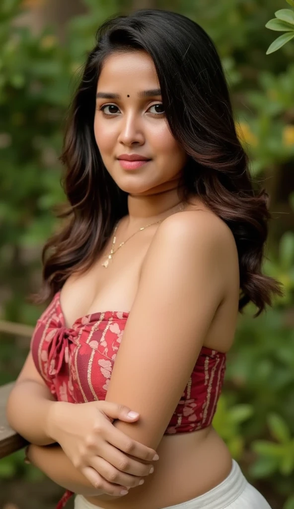 ((RAW, analog style)), face, extremely detailed full body color photo of a 25 y.o girl, beautiful face, beautiful eyes, ((small nose)), big natural lips, ((fabric crop top)), medium breasts, slim body, outdoor, trees, ((film grain, skin details, high detailed skin texture, 8k hdr, dslr)), indian female model yami gautami, close-up picture of yami gautmi, floral dress. Sexy figure, hot looks, long curly hair