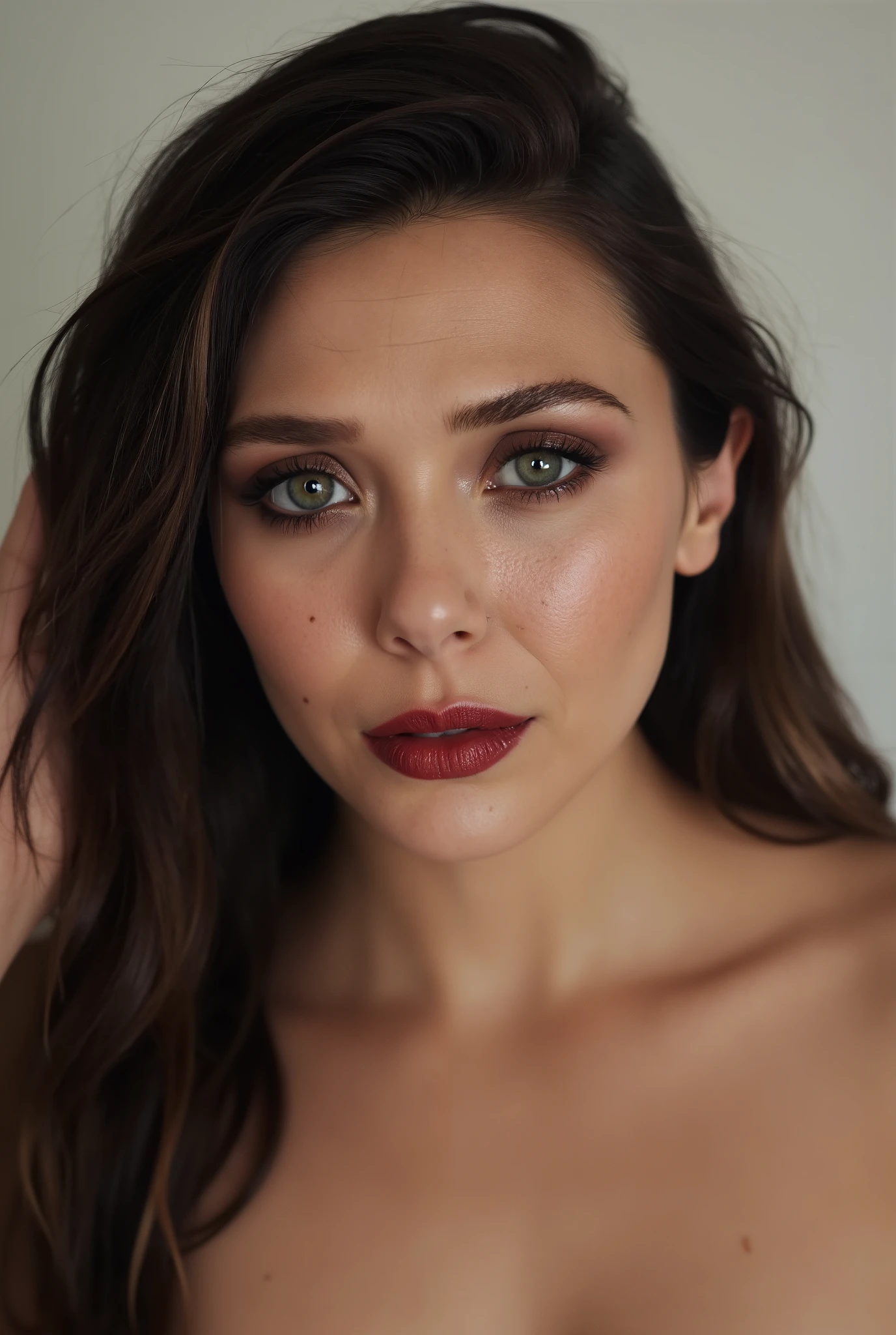 Topless, red lips, cat eyes makeup
