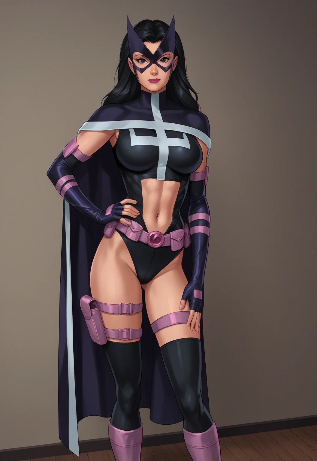My Academic Style Hero, Chica anime, hembra, Tendencias en ArtStation Pixiv, (Toma de cuerpo completo: 0.5), Blackfire, Teen Titans, muslos anchos, pecho mediano, caderas anchas, Cabello largo y negro, cabello negro, Cabello largo, ojos morados, NFSW, Underboob Sleeveless Black Top, Tanga debajo de los pantalones, Pantalones negros de mediana altura, pantalones holgados, Botines Negros, Botines, Guantes de red, vientre expuesto, ombligo expuesto, Abs, presumido, Aspecto alegre, Manos perfectas, Perfect anatomy, Super detailed,