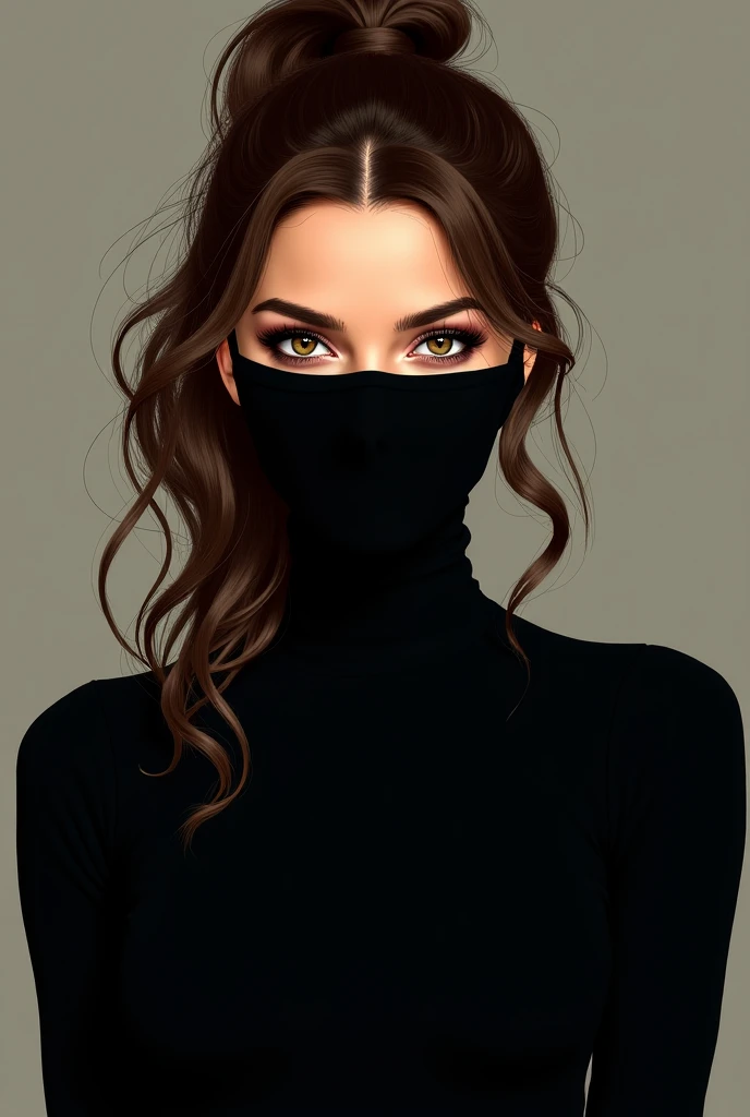 A FBI wanted poster of a beautiful woman, she has long wavy brown hair in a high ponytail, she is wearing a black veil that covers half her face, amber eyes, she is wearing a black turtle neck,