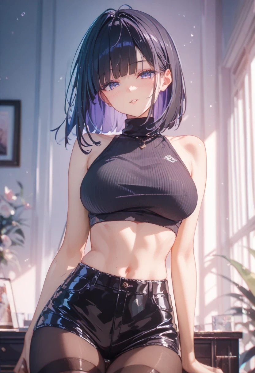 (cowboy shot), (masterpiece, best_quality, detailed, immaculate:1.3), epic, illustration,Anime Style
BREAK
ArtemisYJ,medium hair,purple Hair,makeup
extremely detailed clothing fabric(Black midriff dress),high heels,extremely detailed dress ,small breast,earrings ,
BREAK
(Night, Bar, indoors,)