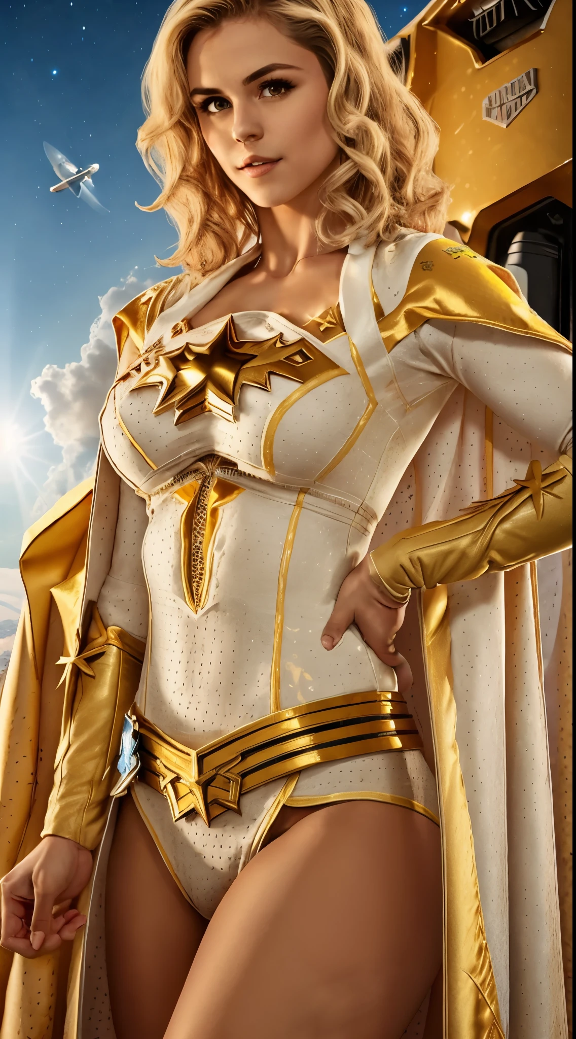very tanned nude woman in a futuristic gold armor, purple cape, long wild blond hair, big cleavage, (sharp focus:1.2), portrait, ((posing)), (beautiful face:1.1), light blond wild hair, detailed eyes, luscious lips, ((skindentation)), (bright studio lighting:1.2), full body, depth of field, bokeh, 4K, HD, young lady, E cup, slim body, highly detale. detaling body and face. Perfect composition golden ratio, masterpiece, best quality, 4k, sharp focus. Better hand, perfect anatomy.