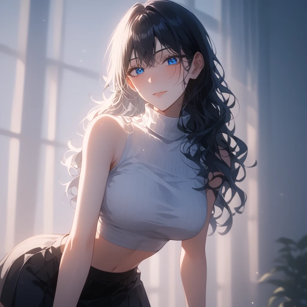 ((Thick black hair))、(White inner hair), best quality 、 Masterpiece、( professional lighting without shadows )、 surreal、 ,(Nipples:0.65), fascinating、 figure like a slender supermodel 、 one girl , ( lean forward to the camera to show off her butt ), (slightly larger breasts, midriff peek ), ( flat , white skin without wrinkles or unevenness ), (明るい and beautiful blue eyes , ((A casual wolf cut)), wavy hair, ( black mini tight skirt,(( black tight cropped turtleneck))) , ( beautiful face squinting in bright light ),