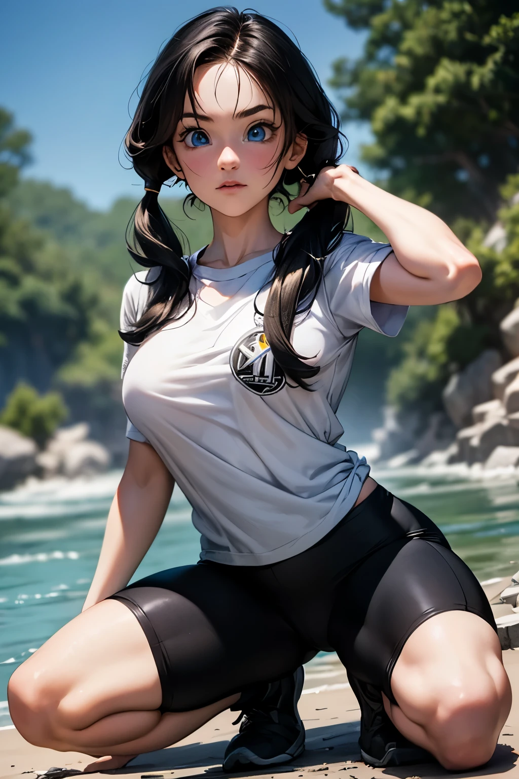 Drangon Ball video z , She wears a hairstyle with two pigtails and blue eyes. is a bit nervous near a river , wears a white t-shirt and tight black pants, with big breasts. SHE IS DOING SQUATS .