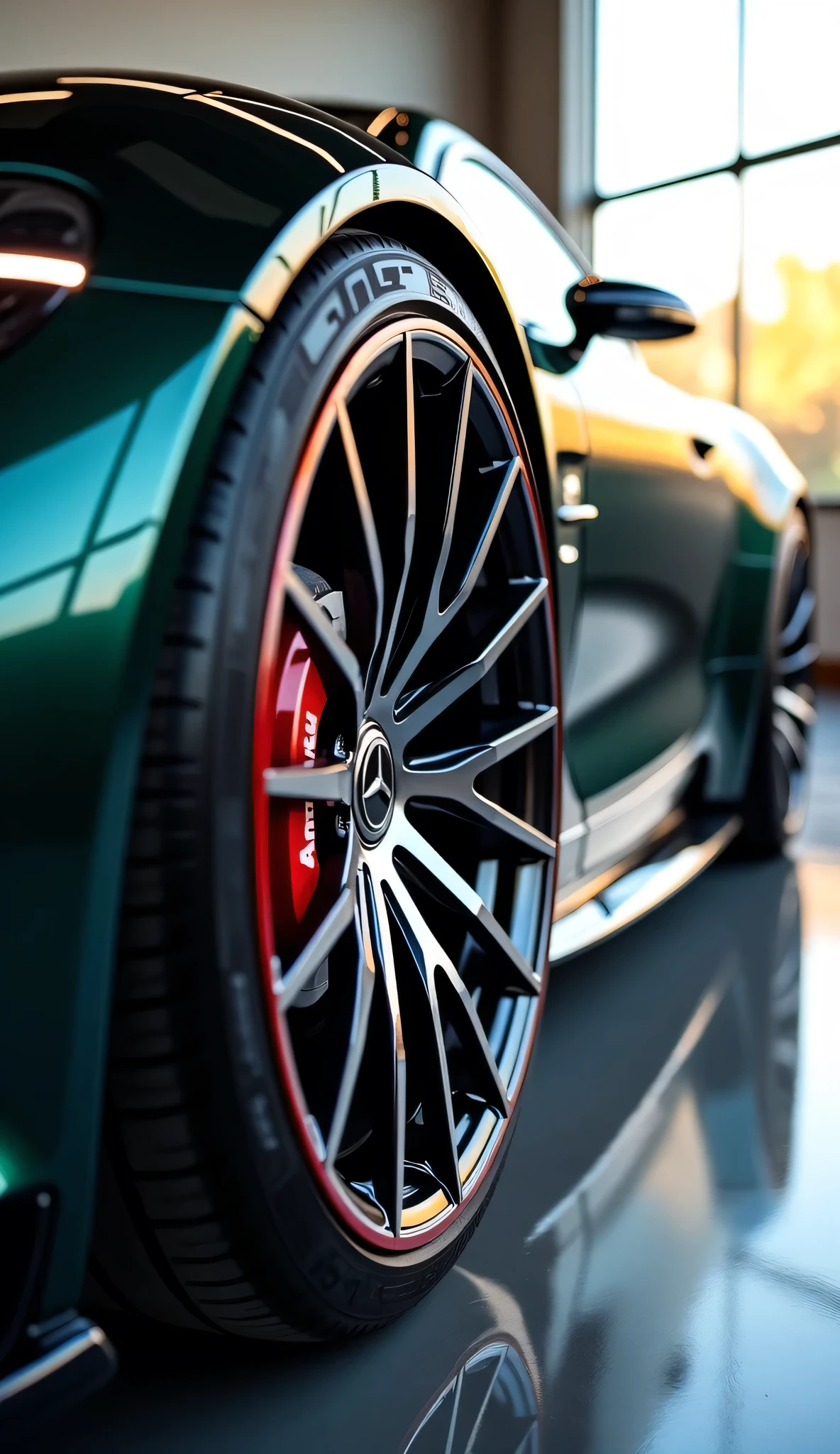 A close-up of futuristic car Mercedes AVTR chrome wheel with intricate reflective detailing, vibrant red brake calipers, displayed a concrete sunny room,featuring dramatic lighting, high detail, and a glossy finish, in 4K resolution