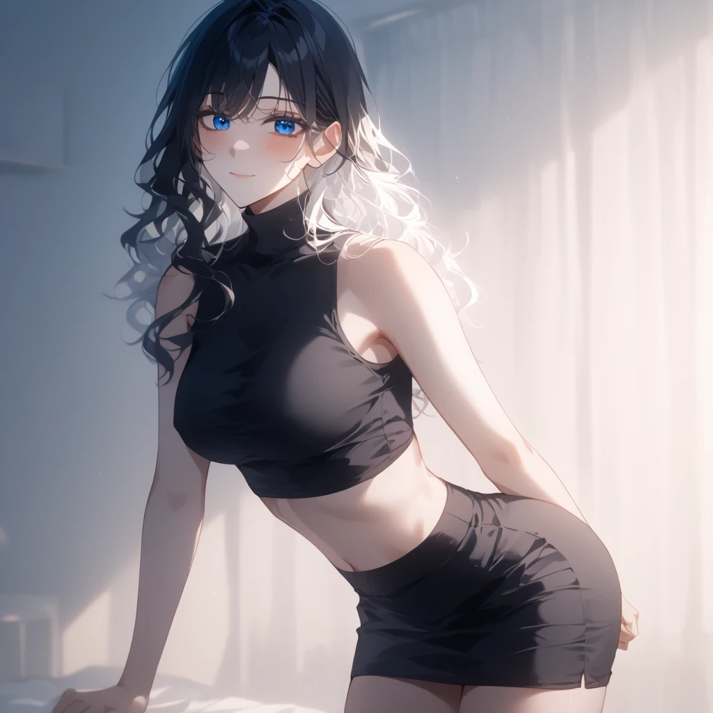 ((Thick black hair))、(White inner hair), best quality 、 Masterpiece、( professional lighting without shadows )、 surreal、 ,(Nipples:0.65), fascinating、 figure like a slender supermodel 、 one girl , ( lean forward to the camera to show off her butt ), (slightly larger breasts, midriff peek ), ( flat , white skin without wrinkles or unevenness ), (明るい and beautiful blue eyes , ((A casual wolf cut)), wavy hair, ( black mini tight skirt,(( black tight cropped turtleneck))) , ( beautiful face squinting in bright light ),