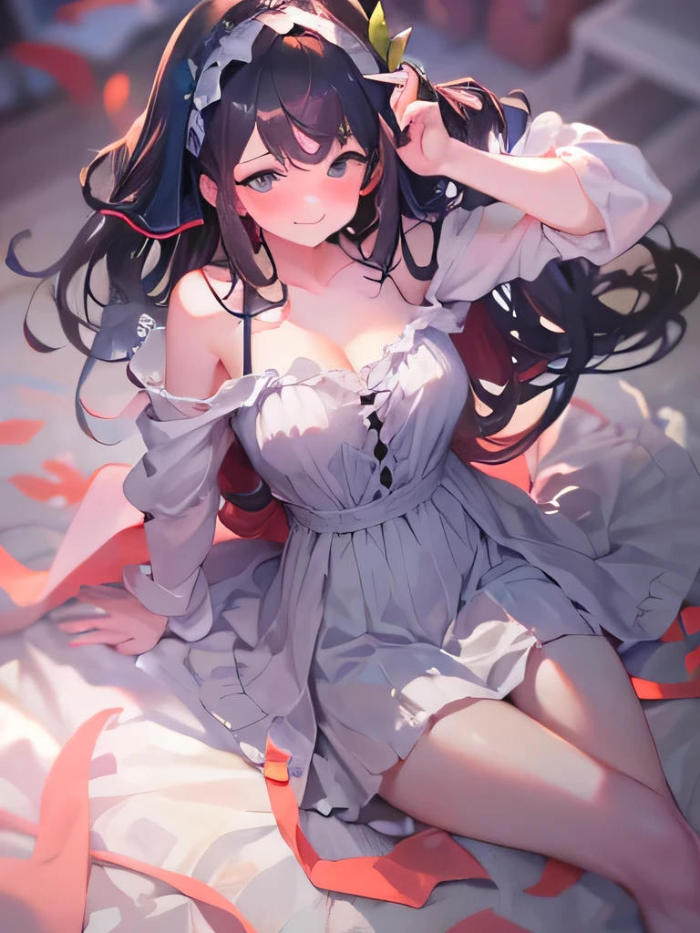 The Greatest Masterpiece、My girlfriend's sister 、 shot from above、woman in night dress 、clavicle、fog、 Diabolical Smile、Taunt、blush、sweat、slouch、Crouch in front of the viewer、Look up at the viewer、 simple background