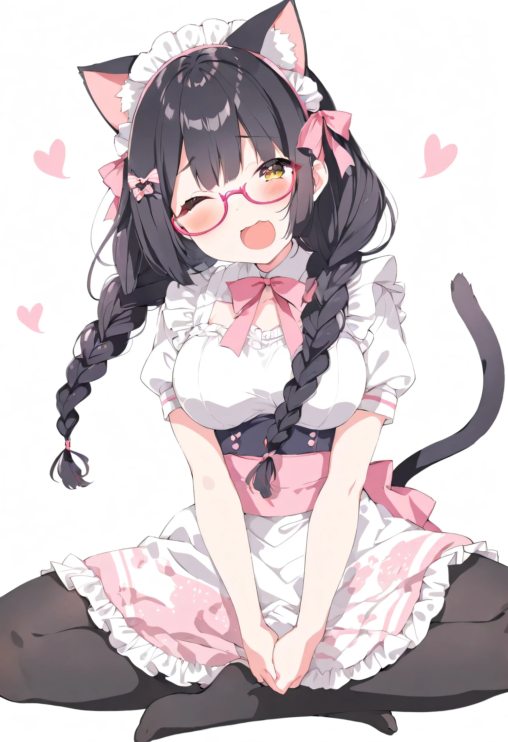 (Best Quality), 、a girl, solo, sexy,(lovely), maid uniform, Short skirt, black hair, braid hairstyle, cat ears, a fluffy cat tail on your butt, wearing glasses, indian style ,gravure pose, ((middle breasts)), Laughing, simple white background, A lot of pink hand-drawn cute cats are flying in the background, winking, Kyoto Animation style illustration、Watercolor tone, wearing black tights on your legs,