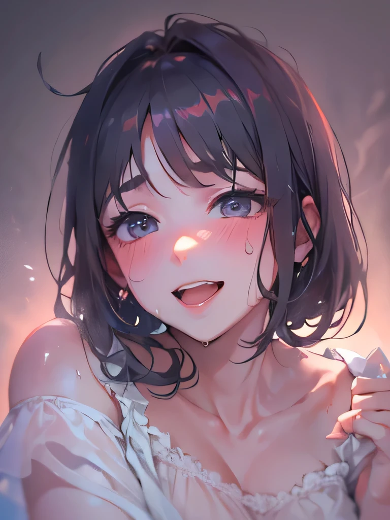 The Greatest Masterpiece、My girlfriend's sister 、 shot from above、woman in night dress 、clavicle、fog、 Diabolical Smile、Taunt、blush、sweat、slouch、Crouch in front of the viewer、Look up at the viewer、 simple background