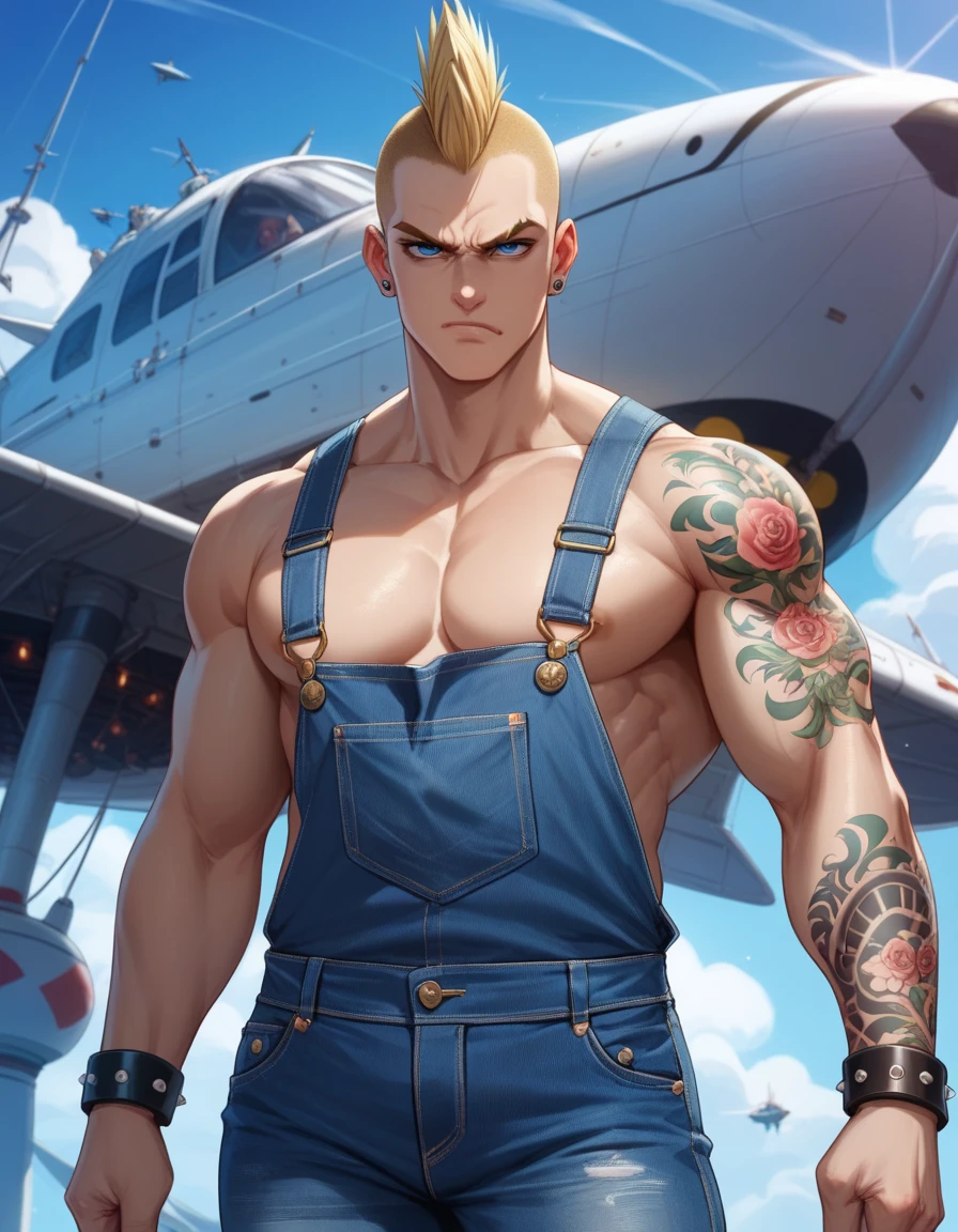 ((tall punk guy)), muscular athletic body, blonde mohawk, intense blue eyes, grumpy face, t((COVERED IN TATTOOS)), black bracers, wearing jeans overalls, shirtless, standing in futuristic airship, pointing, giving orders