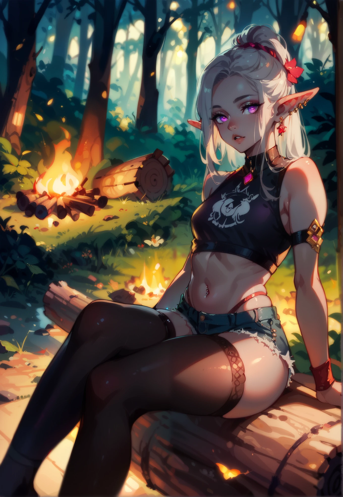 1girl, young Drow elf, (gray skin:1.4), piercings, neon violet eyes, parted lips, crop top, shorts, stockings, bandages, sexy pose, sitting ona log, BREAK, night time, fantasy forest, campfire, cinematic lighting,