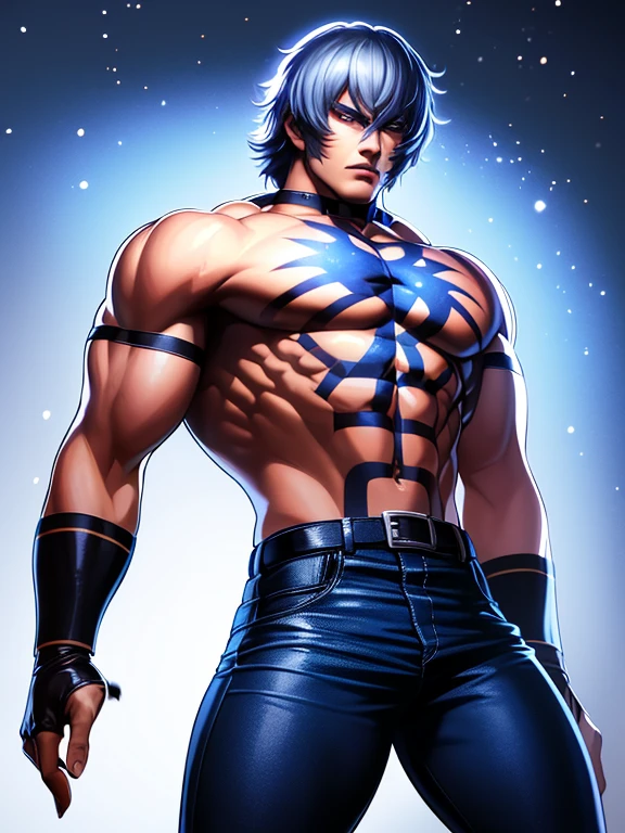 "Enjoy a visual feast as you witness the stunning transformation of the handsome 20 year old Saitama, a being with unrivaled power and a charming aura. With bright blue hair and piercing red eyes, This energetic person will surprise you." with a light reflection effect that looks like glass.