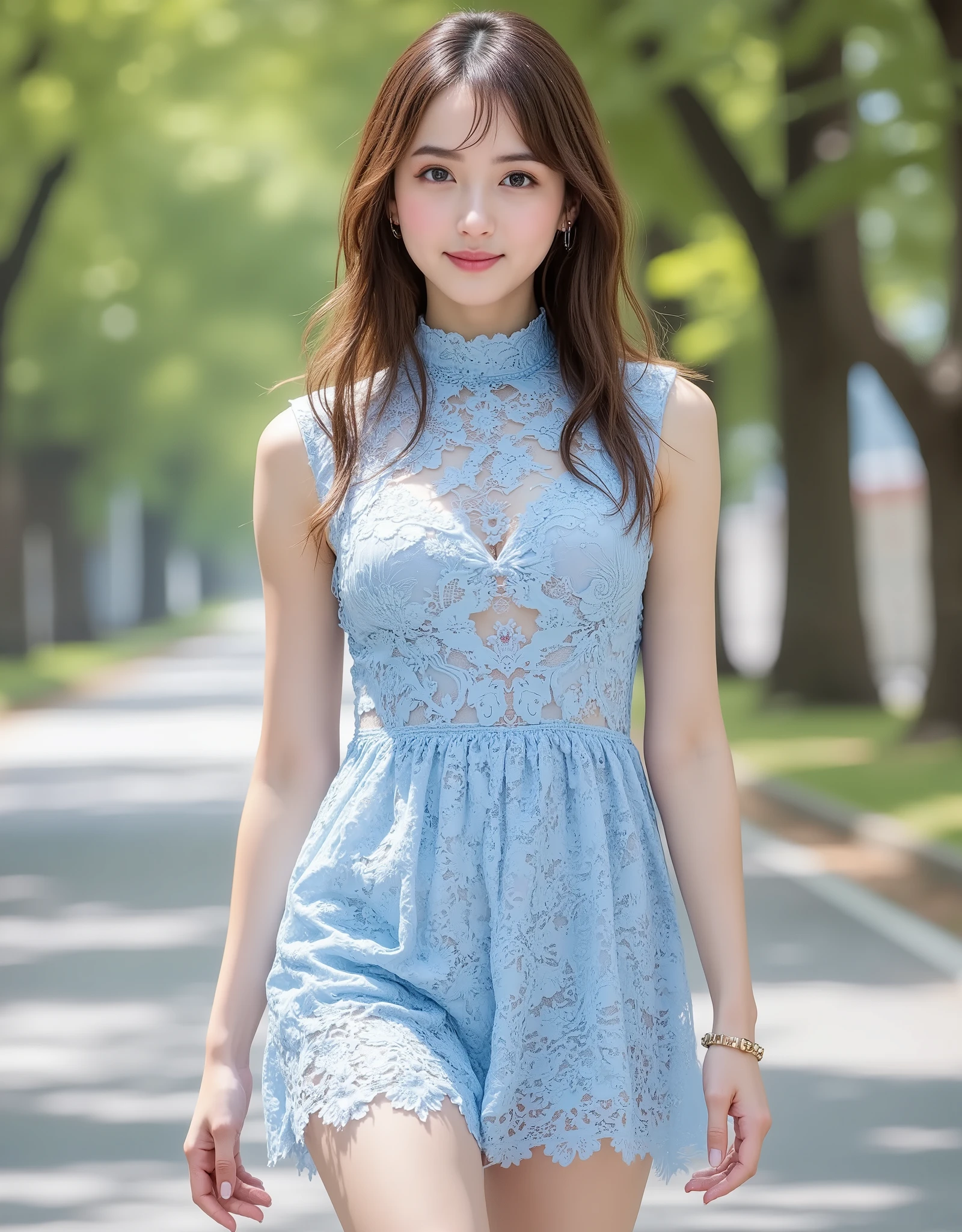 22 year old girl with perfect face and big breasts, right hand and long hair, sexy clothes, slim slender busty physique. The skin has detailed and highly detailed eyes (1.1 emphasis), very detailed skin texture (1.1 emphasis). Slender necklace, model photo style, photorealistic, skin texture is real human skin texture, detailed skin pores, intricate details, eyes are very detailed, polka dot dress, dress, colorful!!!、! dream polka dots, highly detailed polka dots, from the knee up, attractive sexy little bit, smiling, street