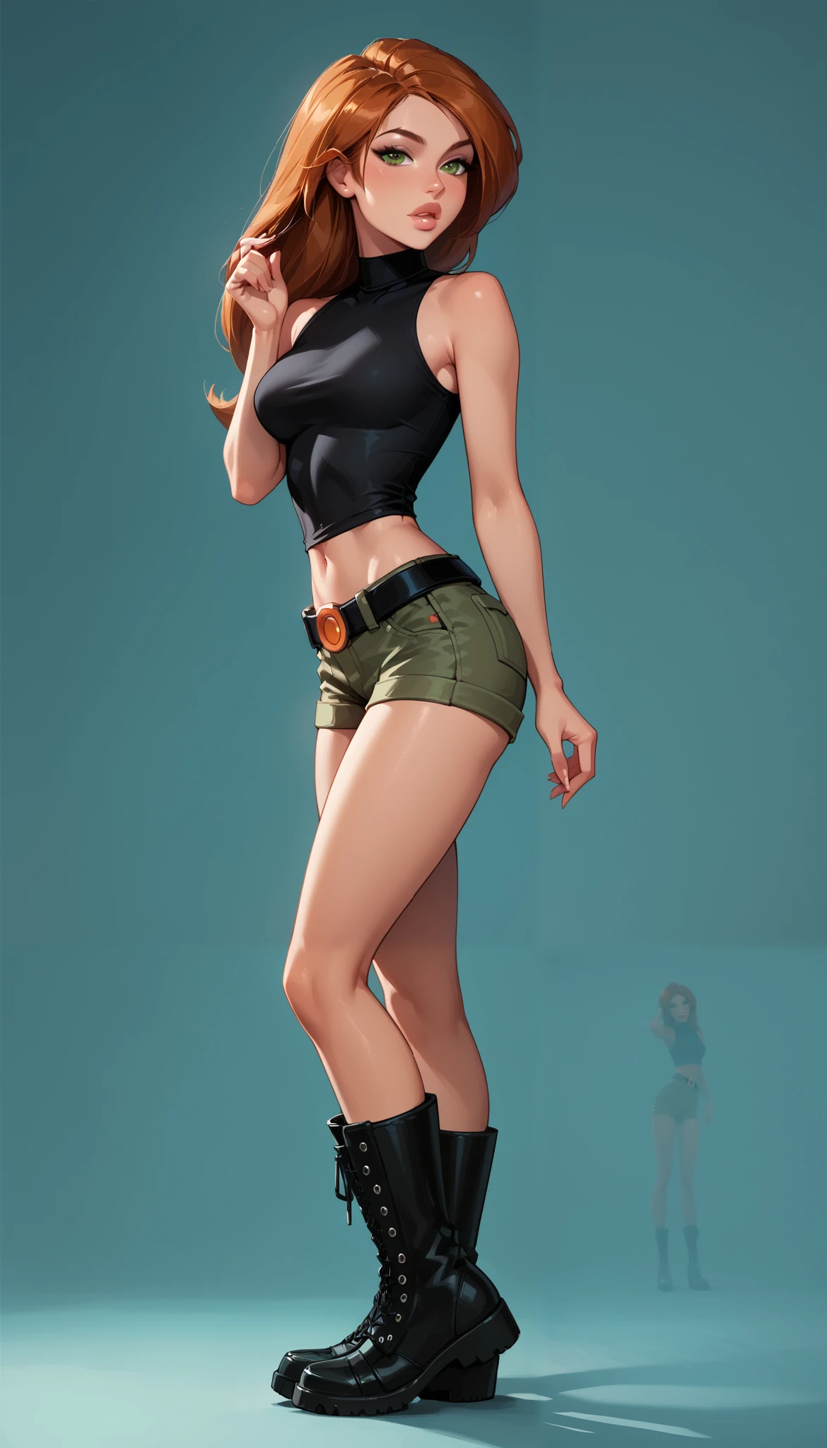 score_9, score_8_up, score_7_up, 1girl, (Kim Possible, wearing Tomb Raider costume, tight shirt, sleeveless shirt, tight shorts, cargo shorts, tiny shorts, belt, boots:1.3), midriff, flirt, gaze, sexy look, half-closed eyes, head tilt, filled lips, thick lips, makeup, side view, (full body in view) expressiveh d4rk01l, perfect hands, perfect proportions, simple background.