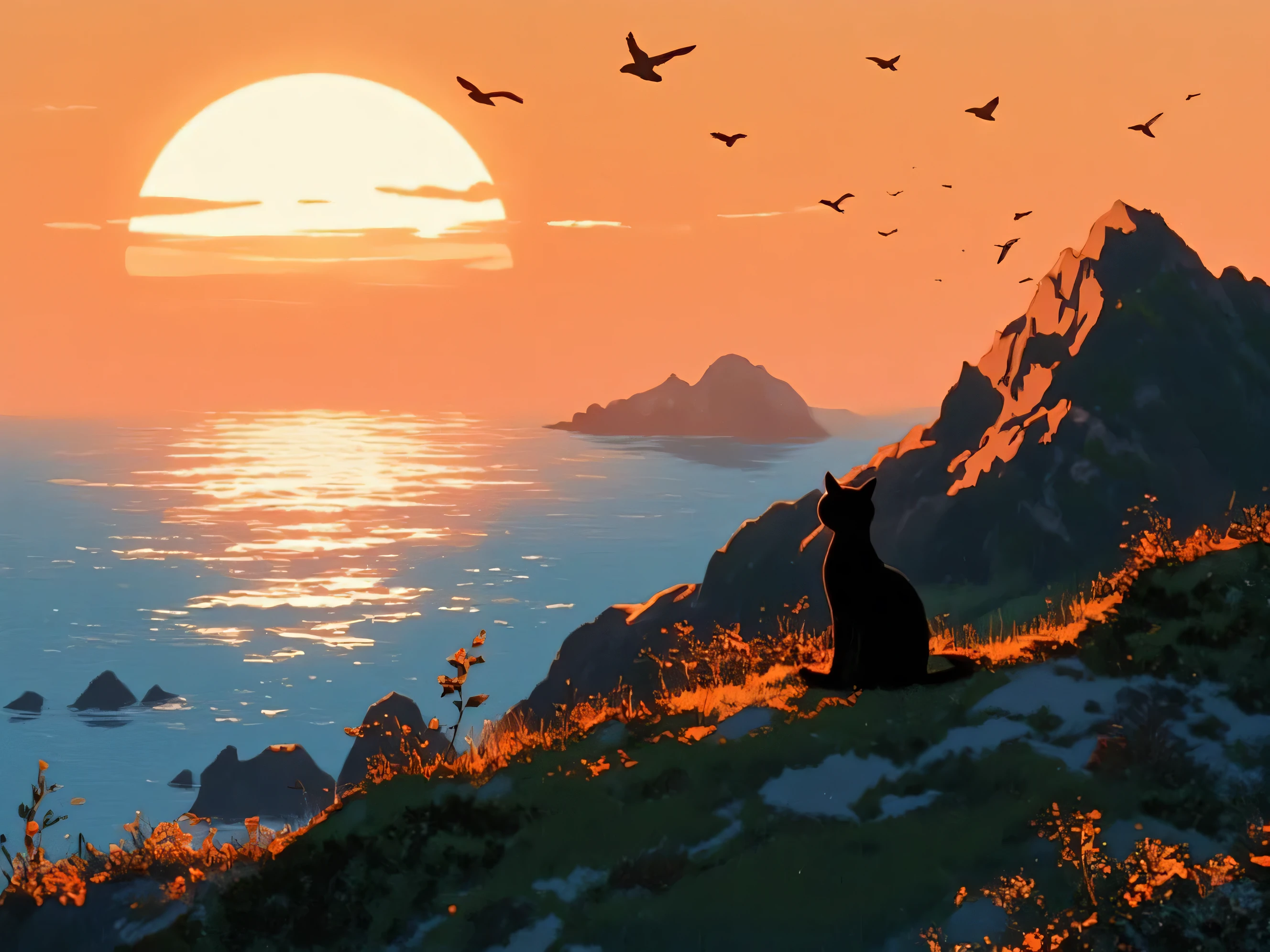 a black cat sitting on top of a mountain contemplating the sunset facing the sea, with birds flying, the sun is orange, pleasant and relaxing environment, winds, blue sea, inspiration in chibi and studio ghibli drawings, very firm and defined lines, 8k