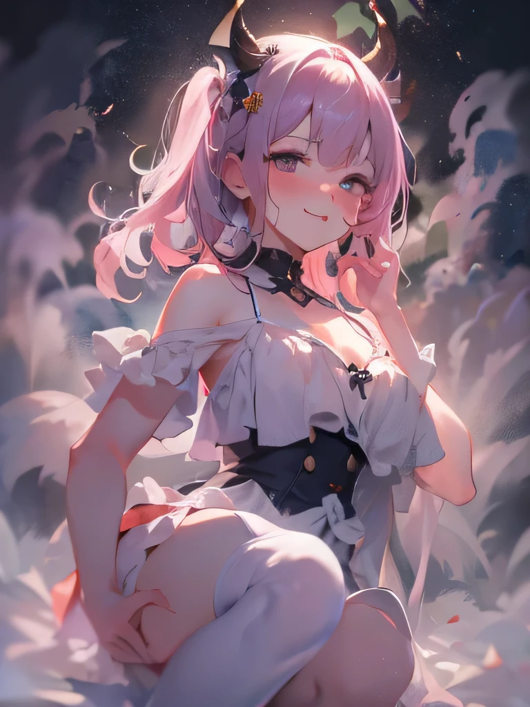  The Greatest Masterpiece、My girlfriend's sister 、 shot from above、woman in night dress 、clavicle、fog、 Diabolical Smile、Taunt、blush、sweat、slouch、Crouch in front of the viewer、Look up at the viewer、 simple background