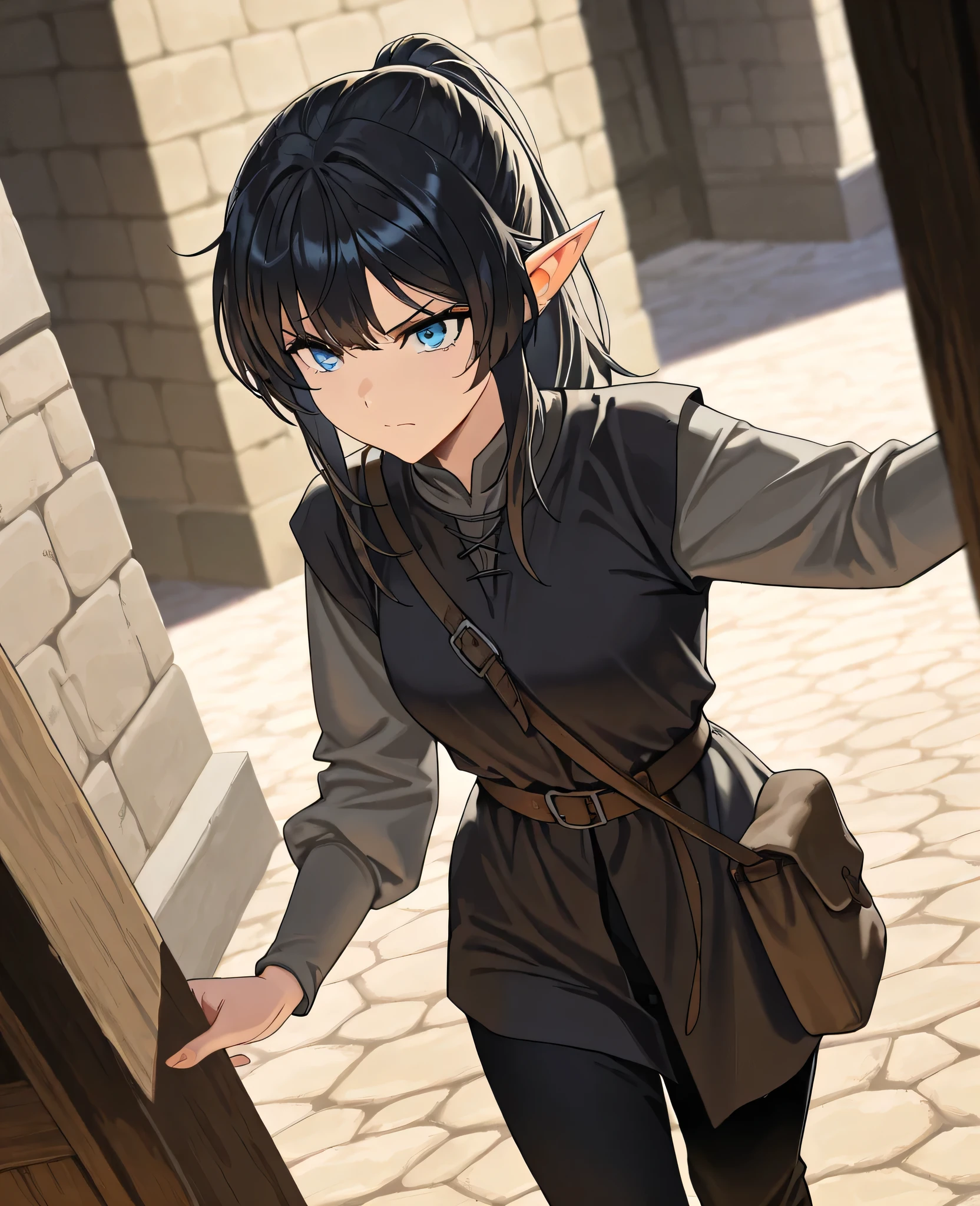 masterpiece , newest , safe, Beautiful woman , black hair , blue eyes , elf, , medieval black tunic , shirt , hair collected , cunning look , waist bag , medium length hair , black pants , Beautiful woman , elf, , medieval grey shirt , shirt, cunning look , waist bag , короткие hair collected в ponytail, black pants masterpiece , newest , safe, Beautiful woman , cunning look , waist bag , medium length hair , black fabric pants , 1girl, One girl, Shoulder length , Head slightly tilted , serious face