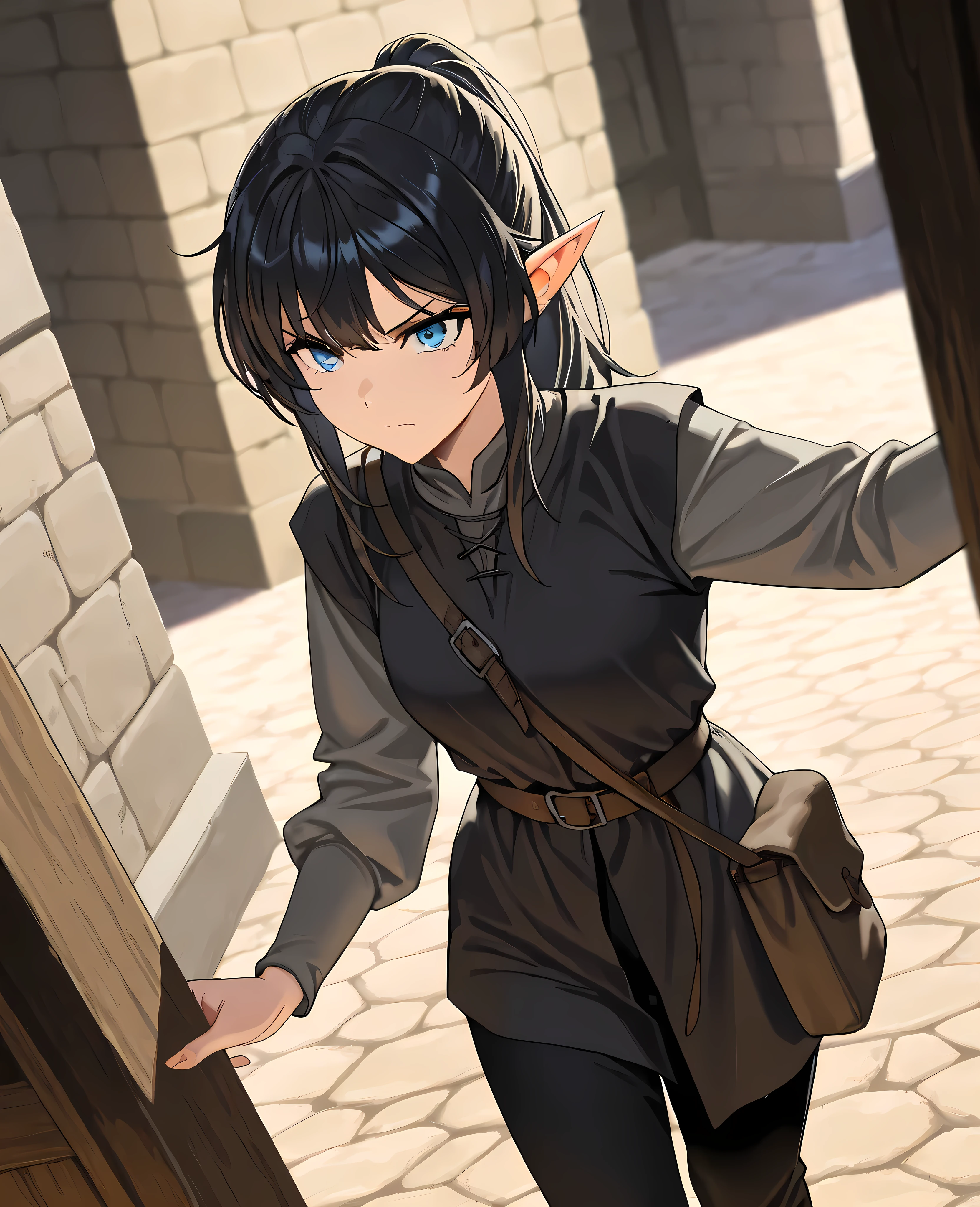 masterpiece , newest , safe, Beautiful woman , black hair , blue eyes , elf, , medieval black tunic , shirt , hair collected , cunning look , waist bag , medium length hair , black pants , Beautiful woman , elf, , medieval grey shirt , shirt, cunning look , waist bag , короткие hair collected в ponytail, black pants masterpiece , newest , safe, Beautiful woman , cunning look , waist bag , medium length hair , black fabric pants , 1girl, One girl, Shoulder length , Head slightly tilted , serious face