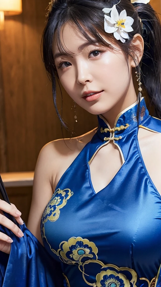 A high resolution,ultra real detailed,Realistic graphics,Ultra-clear image quality,A woman in a cheongsam,Beautiful and moving,Colorful long classical cheongsam,Chinese woman,Delicate facial features,Excellent figure,S-shaped curve,Smooth legs,Long white legs,full-body portraits,The camera looks up,Classical Chinese courtyard,Dim the lights of the palace