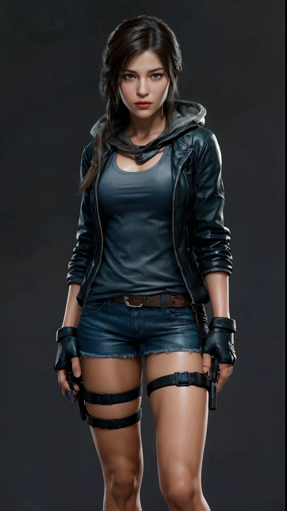 Lara Croft, eyes browns, (best quality, ultra details), (realisitic:1.37), beautiful and detailed face, ultra-realisitic texture, exquisite face, Delicate body, red lipgloss stick, shiny colors. High definition, 8k.