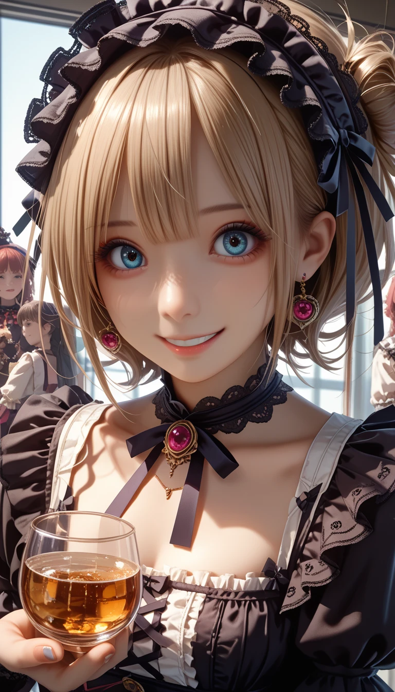 s  score_9,   score_8_ up,   score_7_ up、  staring at me  、  Gothic Lolita Fashion 、  Japanese 、  long straight hair 、 A girl wearing、People look at me and smile 。.、 looking down at a glass composition from above