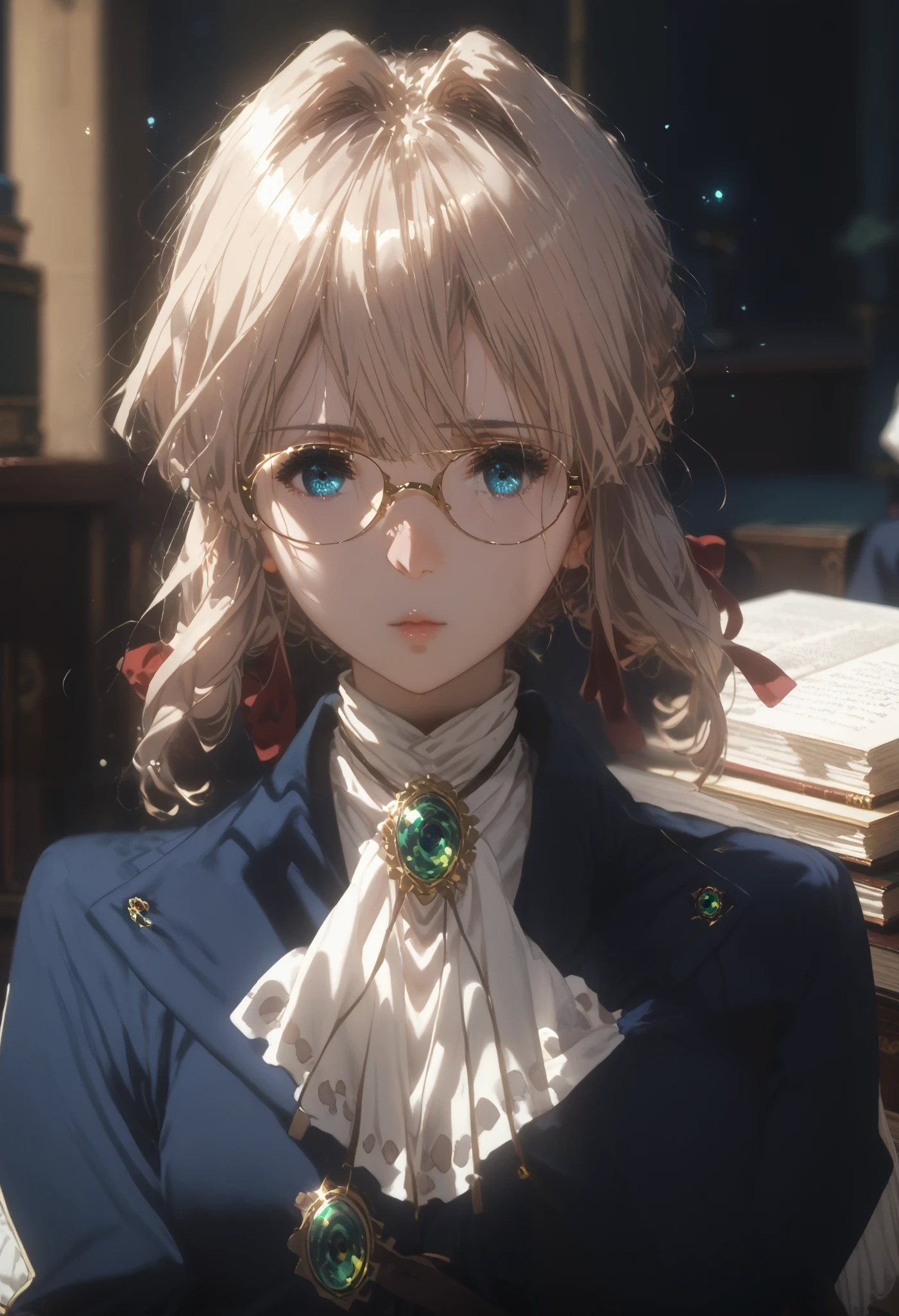 Young woman,Floats on a book,Mathematical Formulas,one pair of glasses,HD lighting and darkness )(Epic image quality)dark atmosphere with bright light particles(Lots of effects in the background,Background formula.emptiness,black hole,Shine,Clear drawing of details,Maxim of Details,Dark Concept,Thinks,Dreams,masterpiece,Dressed in Light Cute Clothes,Attractive,ultra detail,a mystic,Image of the Goddess of Thought