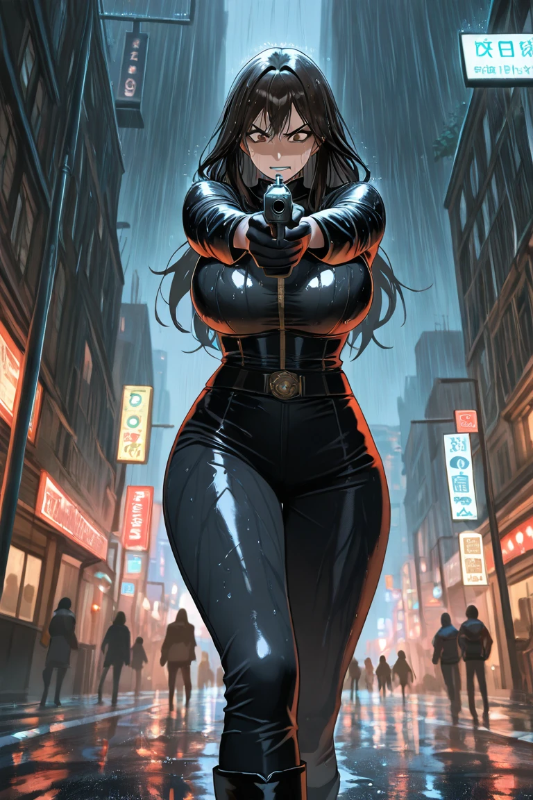 1girl, medium breasts, leotard, bare legs, tight belt, boots, gloves, city backdrop, solo, single, hands on hip, standing, full body shot, cowboy shot, superhero, beautiful detailed eyes, mature lady