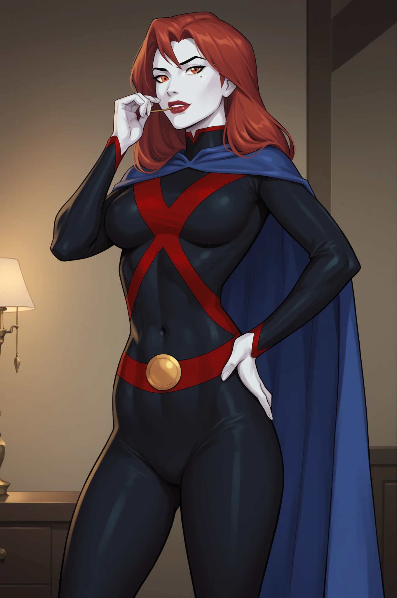 PonyXLV6_Scores BREAK (perfect anatomy, perfect eyes), BREAK mgann morzz, long hair, red hair, colored skin, white skin, orange eyes, makeup, lipstick, flirting, raised eyebrow, ((looking at viewer)), superhero, black bodysuit, cape, curvy, toned, athletic, breasts, milf, standing, hand on hips, sexually suggestive, indoors