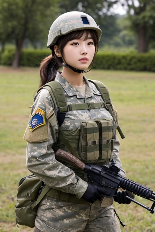 A female army infantry, winter camouflage patterned combat uniform, excitement, ((open mouth, intense orgasm and smiling)), (spread legs, straddling camouflage patterned dildo, (insert dildo into her pubic), her hand is at nipple, masturbation), pubic hair, in combat, battlefield, (army helmet, carrying back-pack with wireless antenna, camouflage patterned thigh-high, short hair, rifle), the ruin the city is on fire, angle from below,