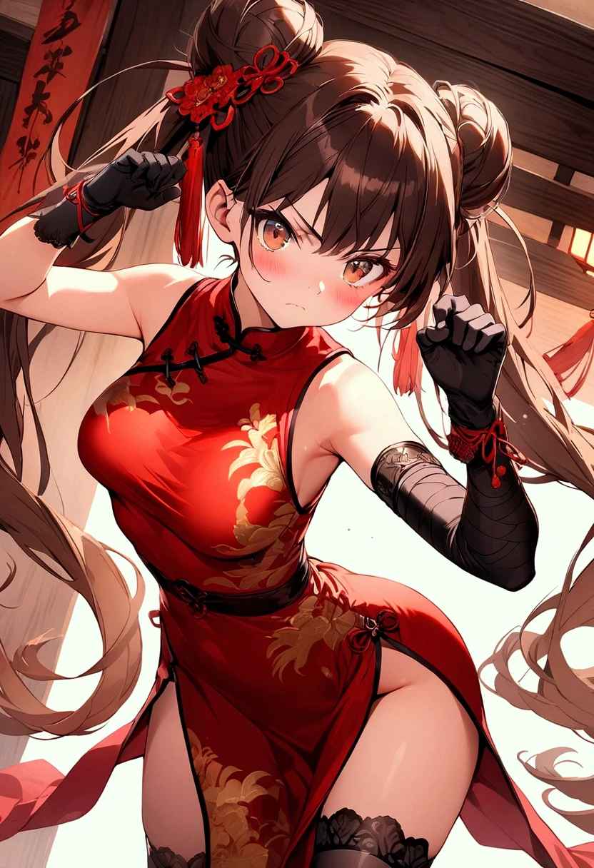 masterpiece, best quality, 1girl, solo, thighhighs, chinese-clothes, gloves, very-long-hair, dress, hair-bun, twintails, china-dress, red-dress, double-bun, black-thighhighs, brown-hair, brown-eyes, full-body, red-footwear, pelvic-curtain, looking-at-viewer, bandages, blush, standing, , bangs, armlet, sleeveless, fighting-stance, sleeveless-dress, brown-gloves, bare-shoulders, v-shaped-eyebrows, bandaged-arm, side-slit, leg-up, medium-breastsent-hair, boots, ankle-boots, floating-hair, closed-mouth, simple-background, hand-up, blunt-bangs, sash